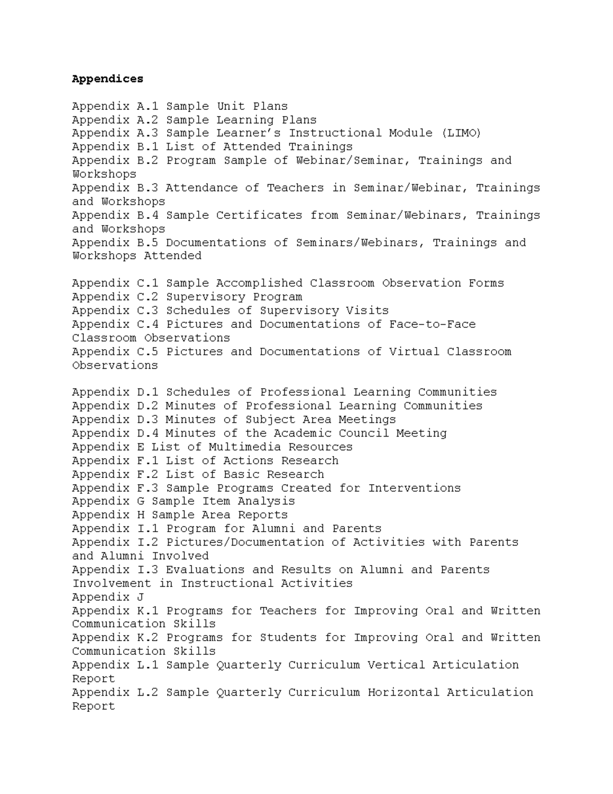Appendices for Curriculum & Instruction: Sample Plans & Evaluations ...