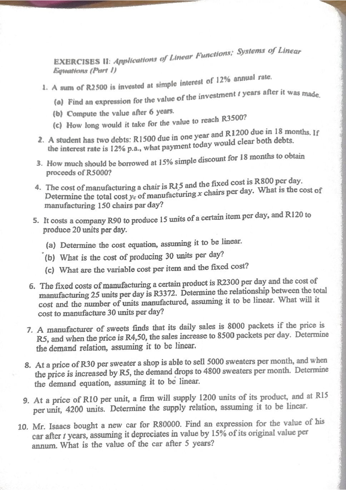 Exercises II: Linear Functions & Systems of Equations - Studocu