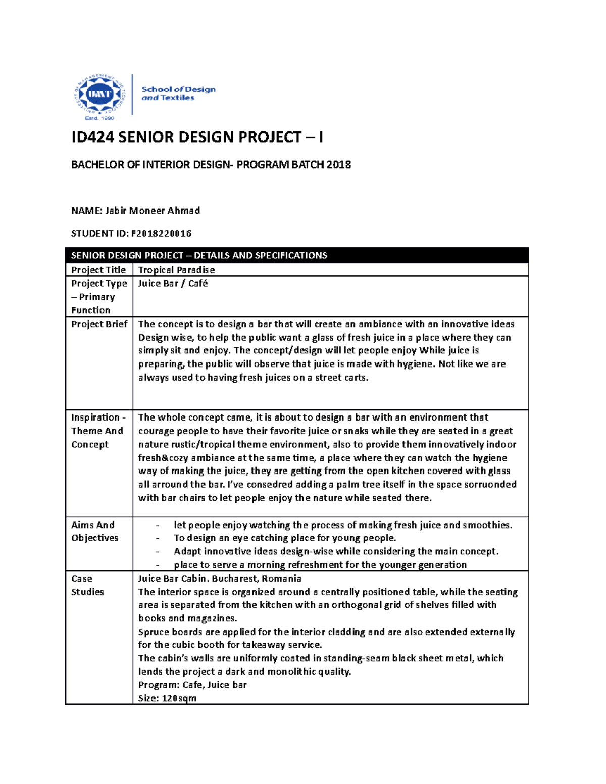 Senior Design Project - Student FORM - ID424 SENIOR DESIGN PROJECT – I ...