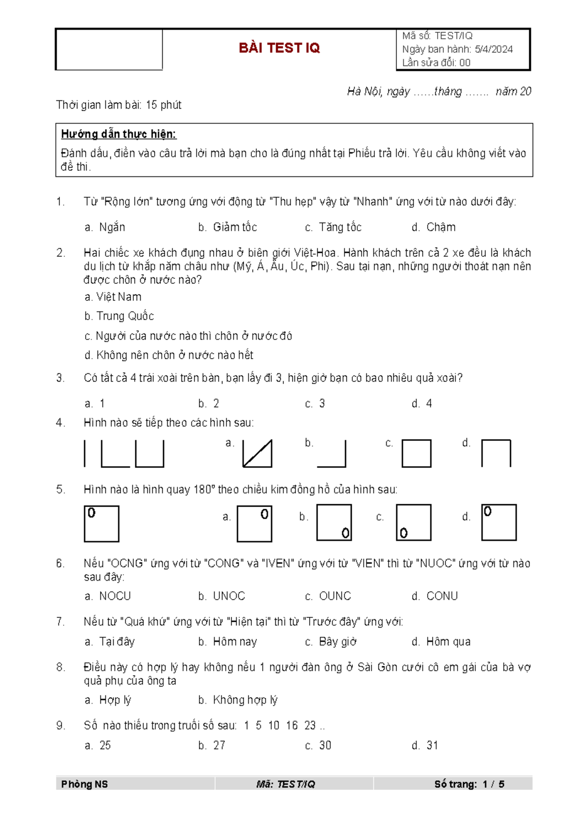 2-test-iq - Heloo - BÀI TEST IQ Ngày ban hành: 5/4/ Lần sửa đổi: 00 Hà ...