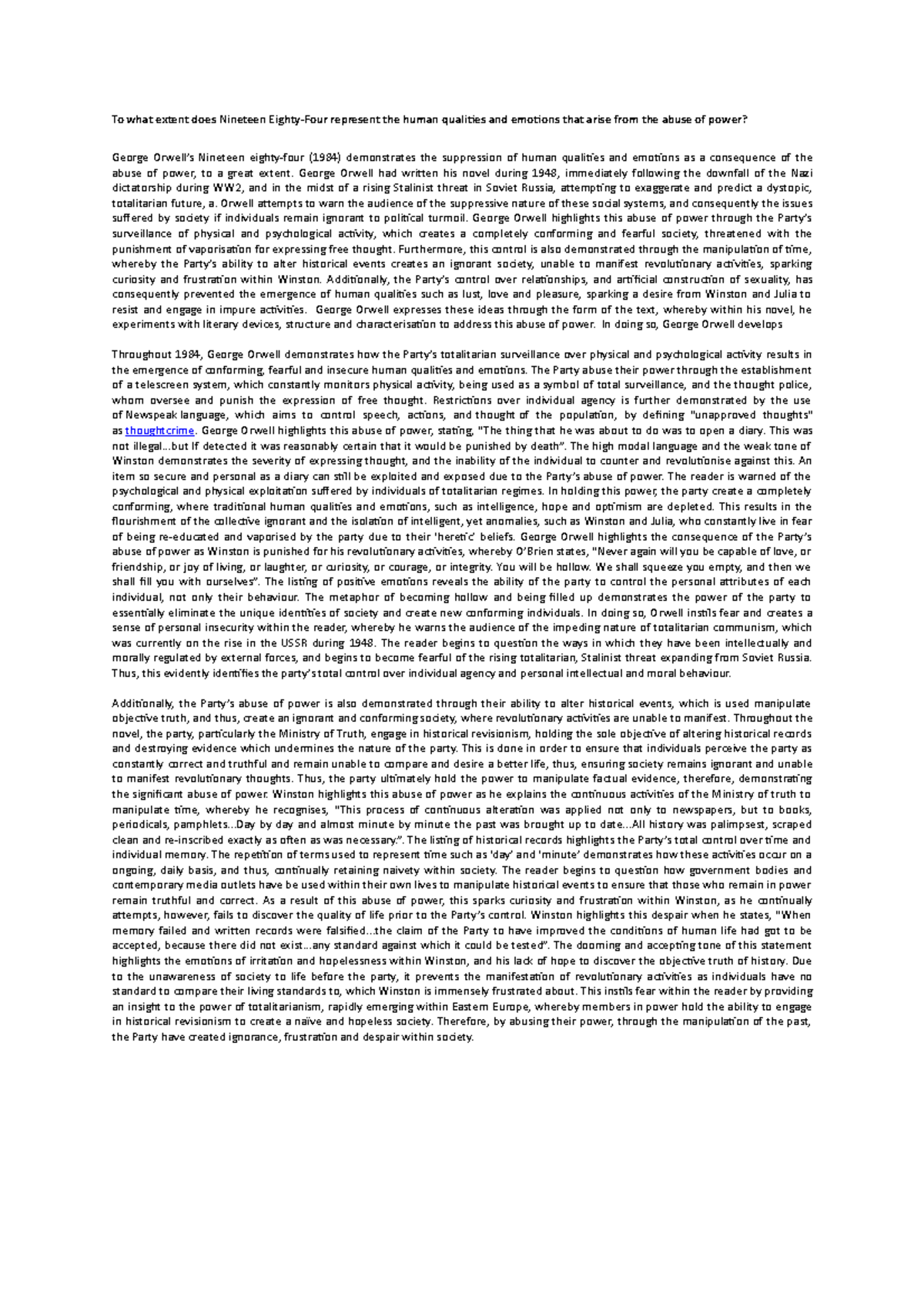 1984 Essay: The Abuse of Power and Its Impact on Human Emotion - Studocu