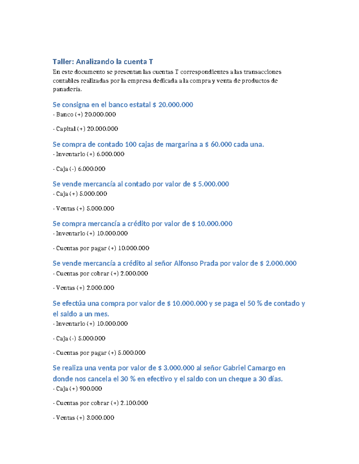 Taller: Análisis de Cuentas T en Transacciones Contables - Studocu