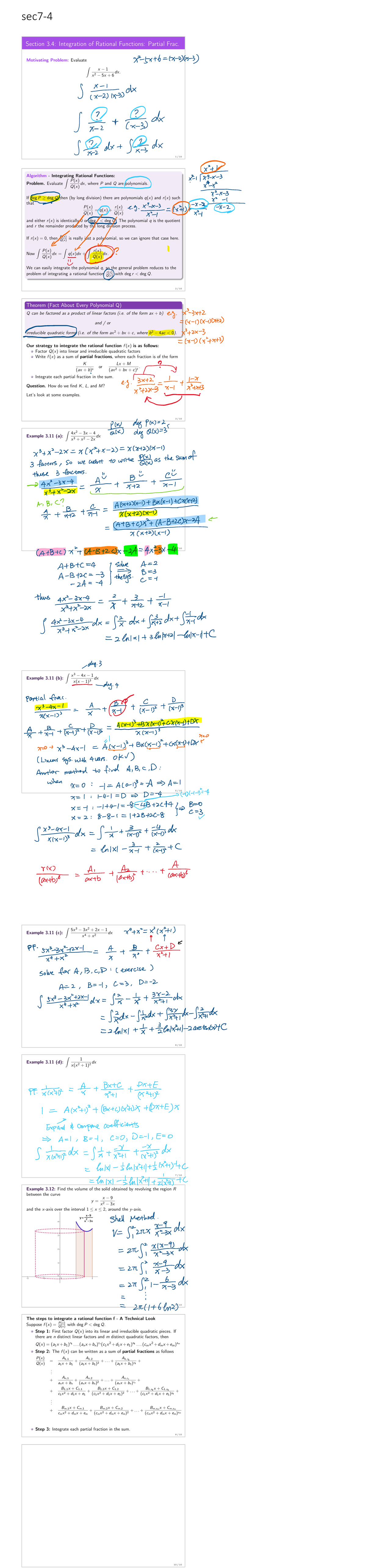 Sec7-4 Lecture Notes: Integrating Rational Functions and Partial ...