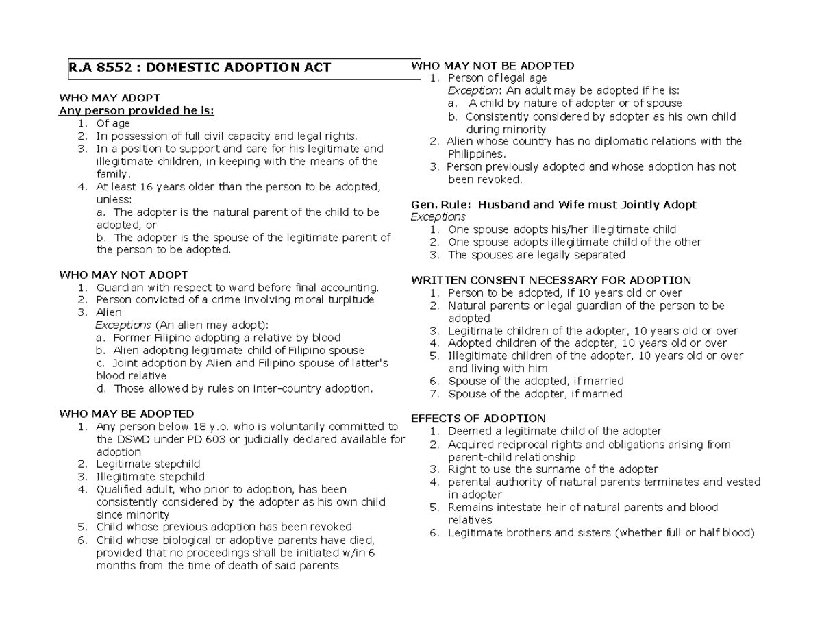 R.A. 8552: Domestic Adoption Act - Key Provisions & Guidelines - Studocu
