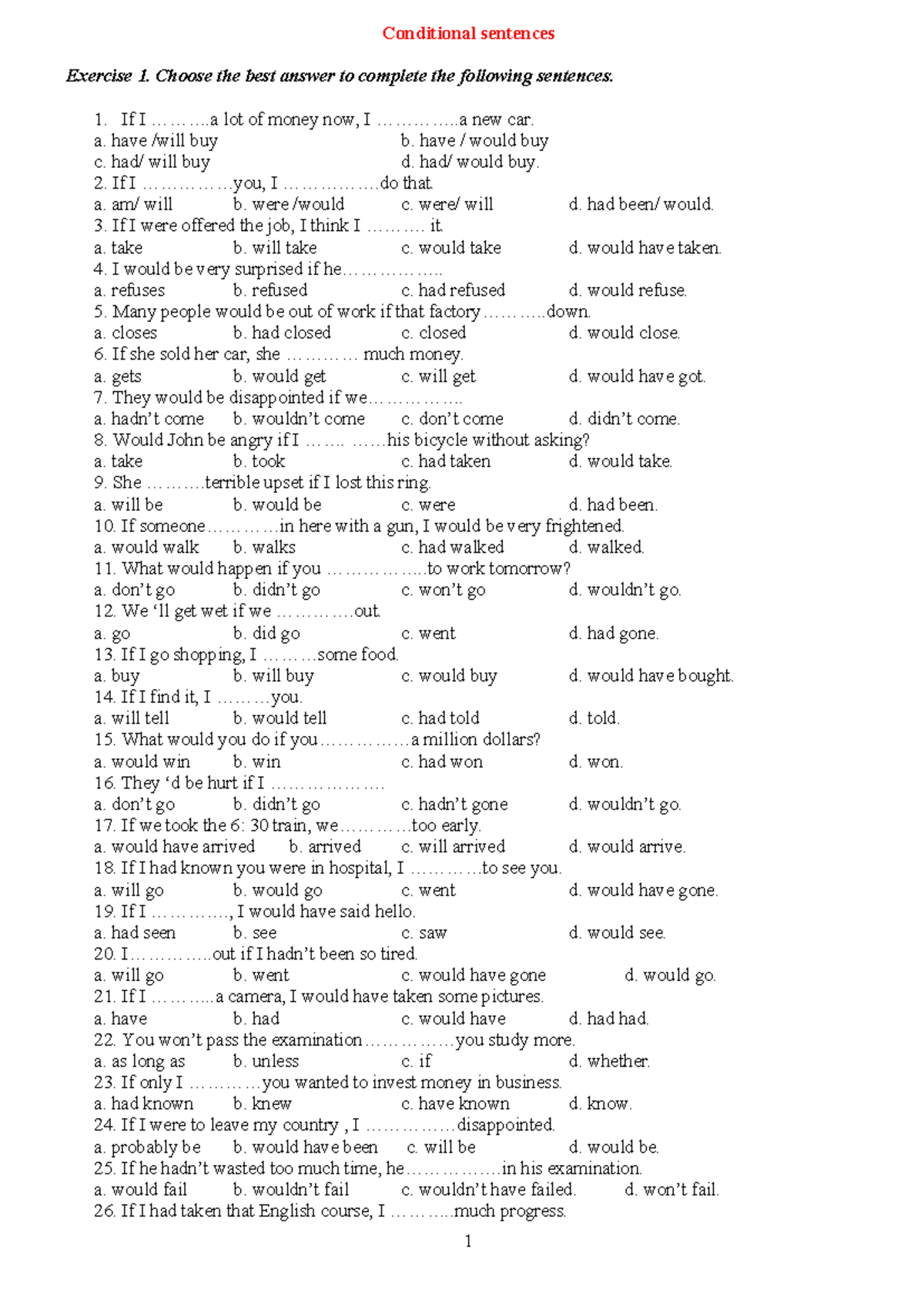 Conditional Sentences Practice - English Language Exercises - Studocu