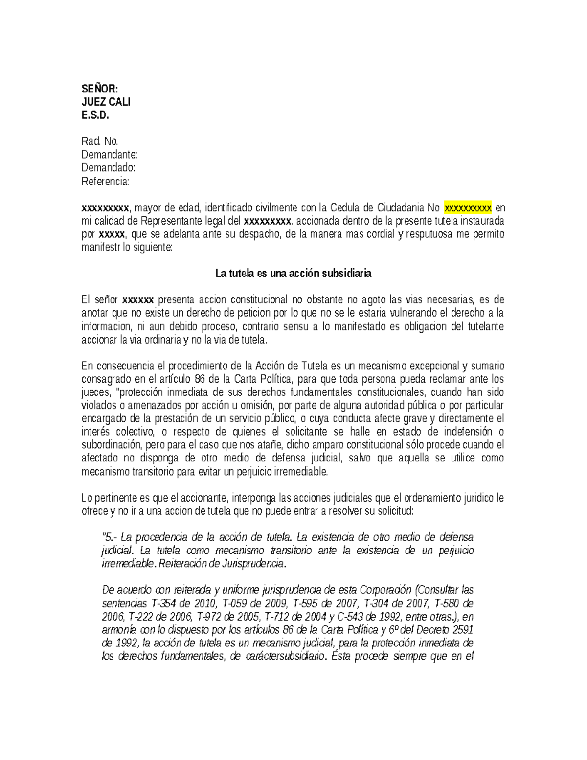 Contestación de Tutela - Análisis de Procedencia y Jurisprudencia - Studocu