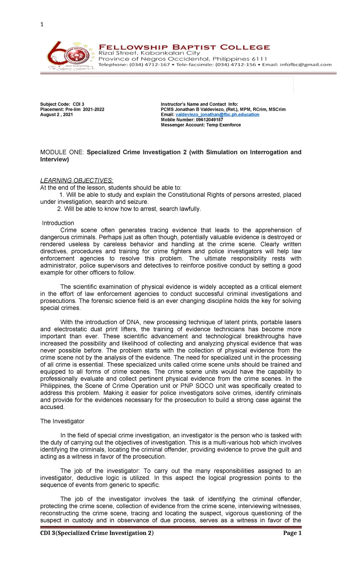 CDI 3 Special Crime Investigation: Module One Overview & Guidelines ...
