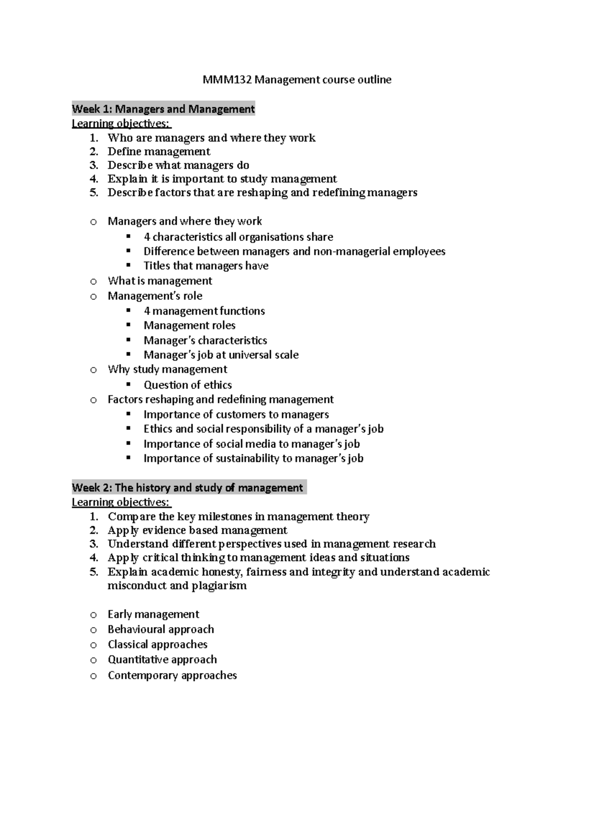 Management course outline - Who are managers and where they work 2 ...