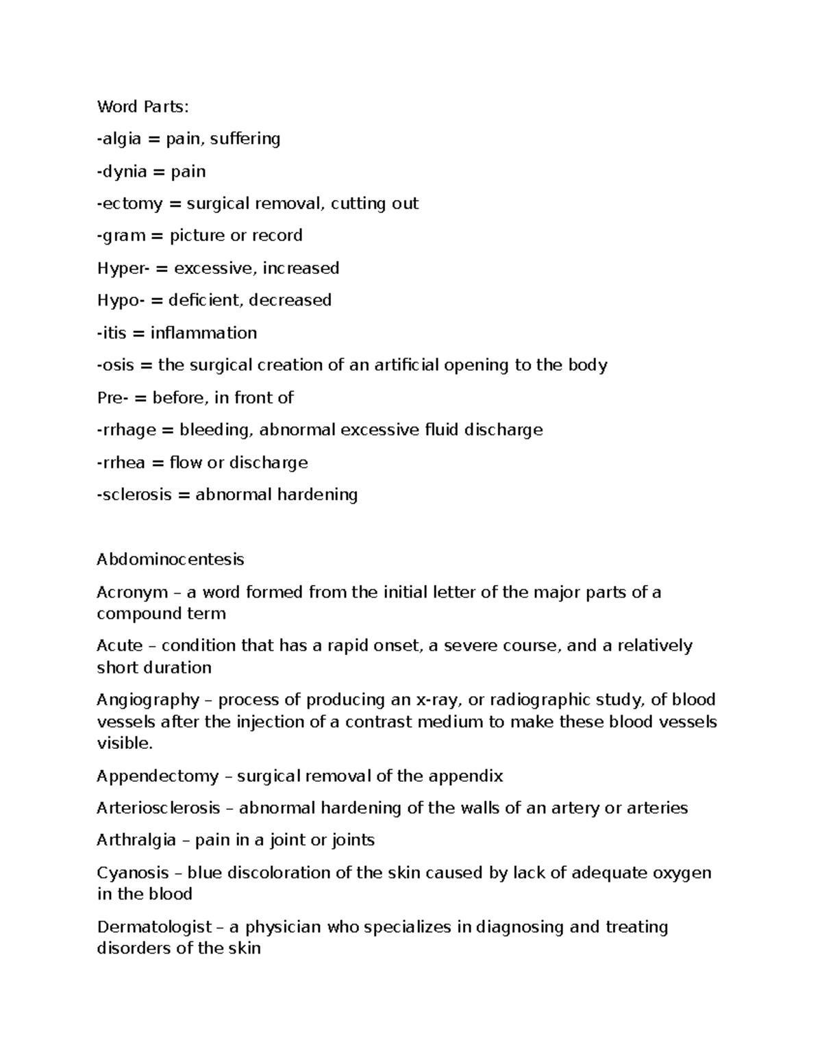 Medical Terminology: Word Parts & Definitions (MED 101) - Studocu