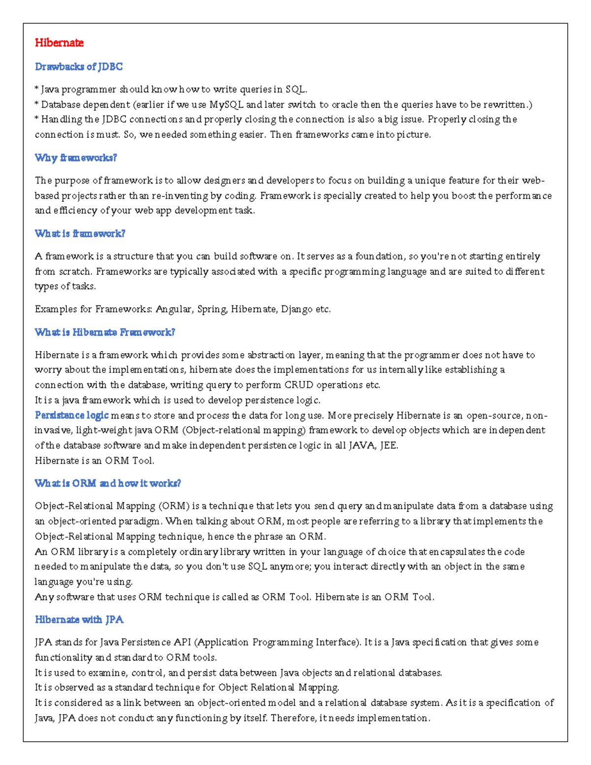 Hibernate Framework Overview: Key Concepts and Drawbacks - Studocu