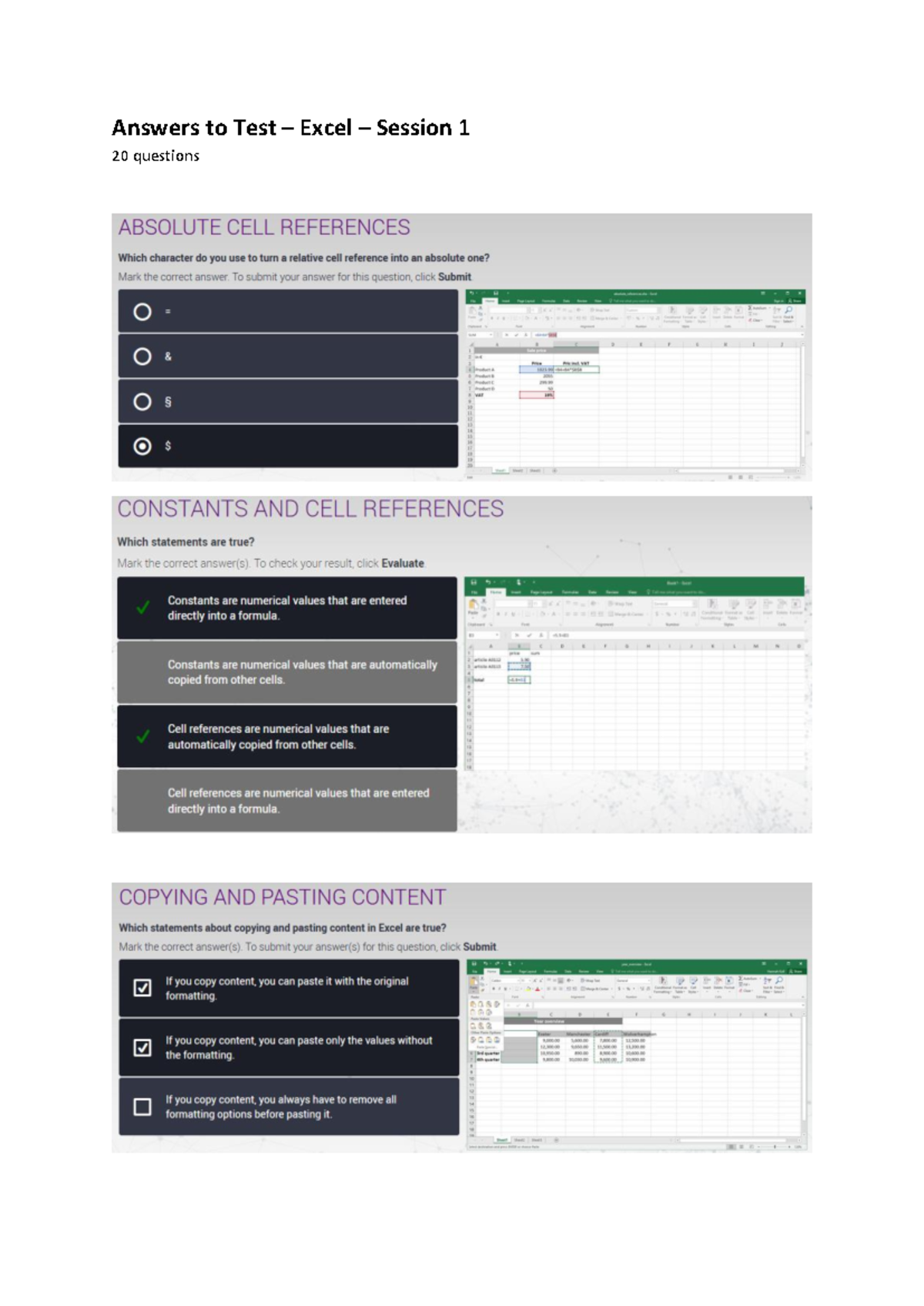 Answers to Test - Excel Session 1 - computer skills - Answers to Test ...