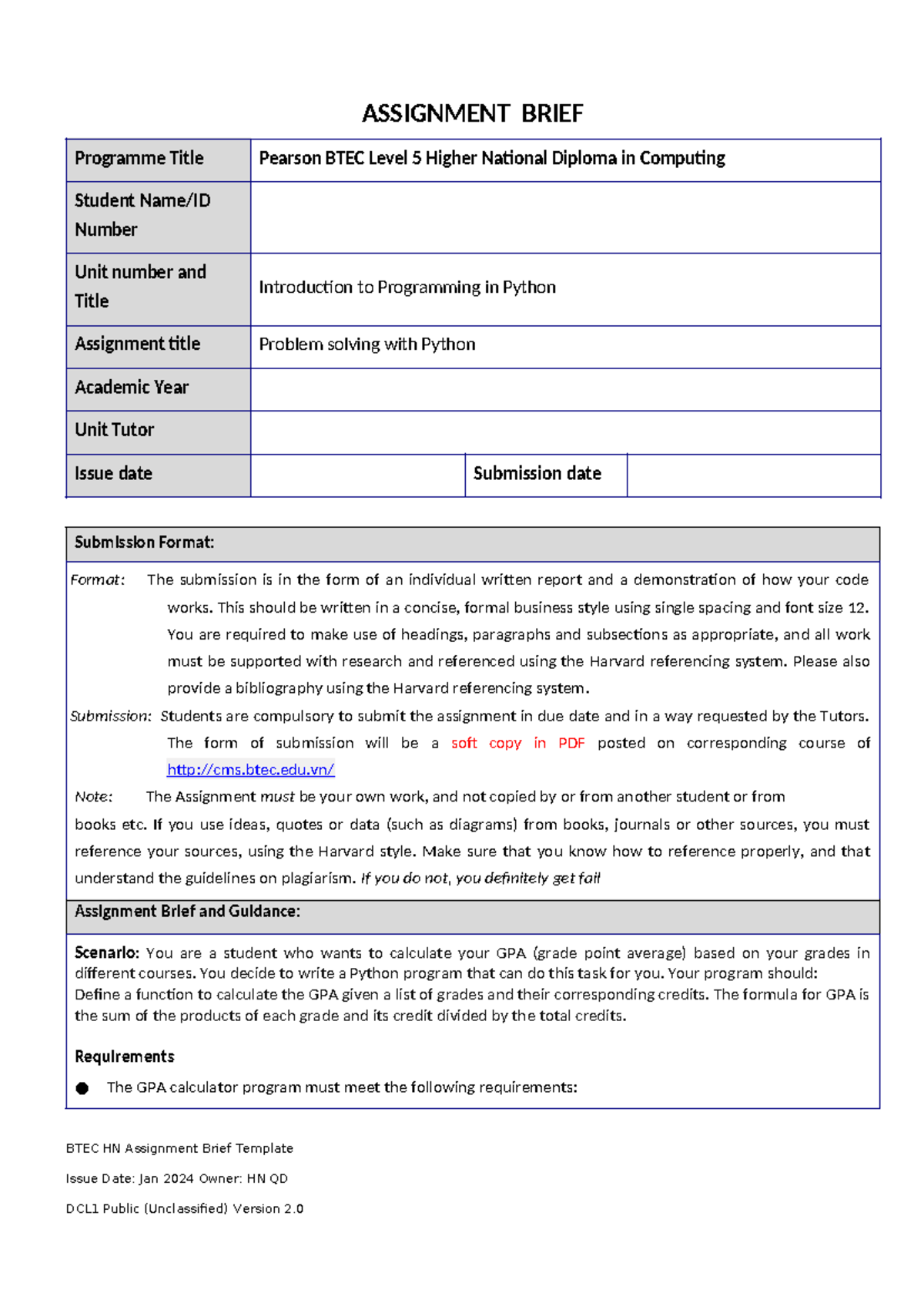 BTEC HND Computing: Assignment Brief on Python GPA Calculator - Studocu