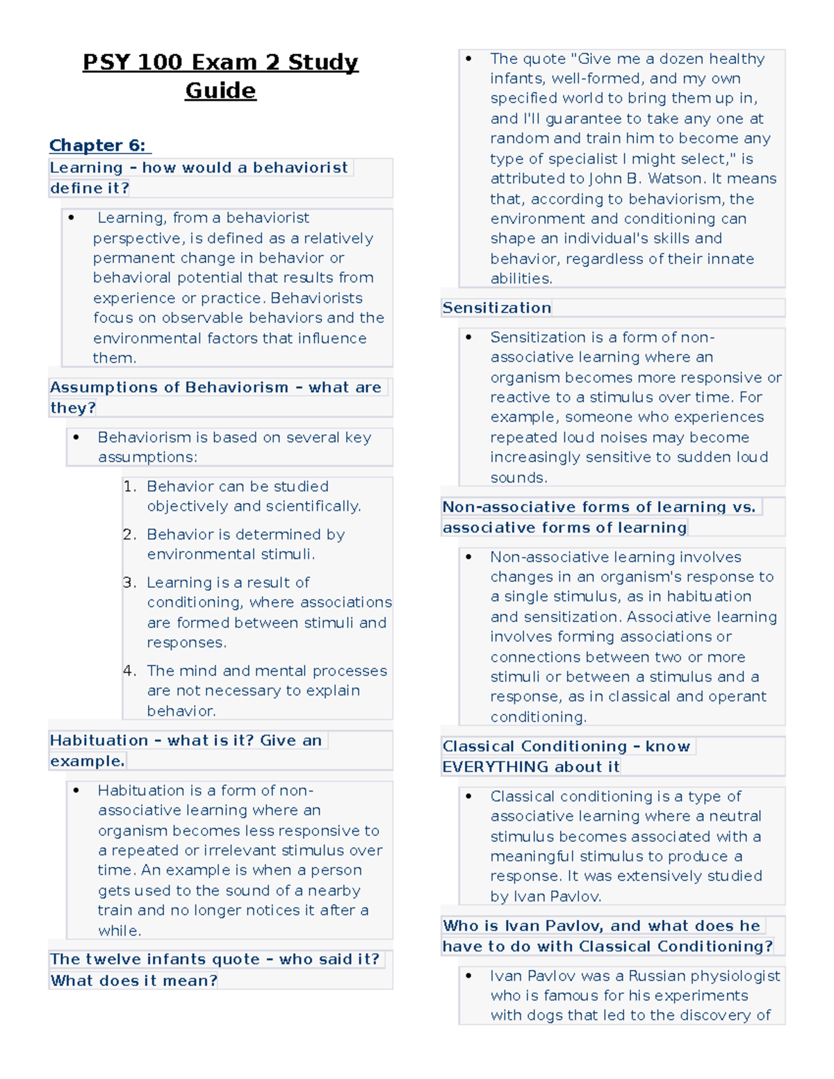 PSY 100 Exam 2 Comprehensive Study Guide on Learning and Memory - Studocu