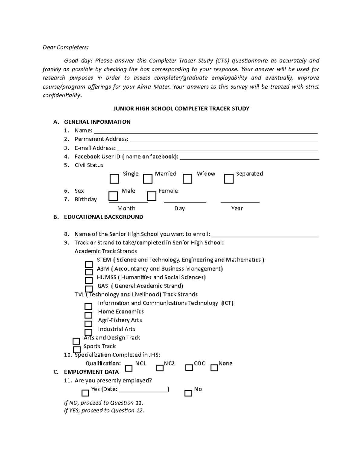 JHS Tracer for senior high school - Dear Completers: Good day! Please ...