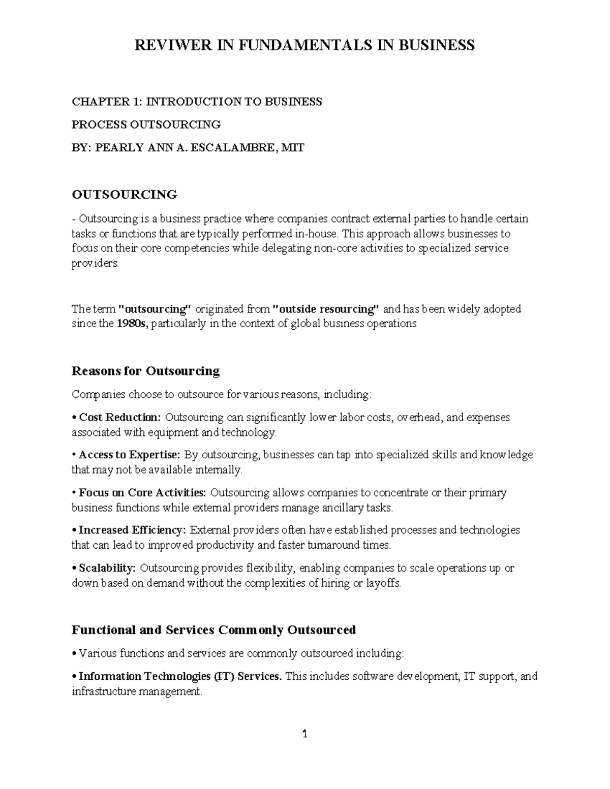 Chapter 1 & 2 Study Notes on Fundamentals of Business (BUS 101) - Studocu