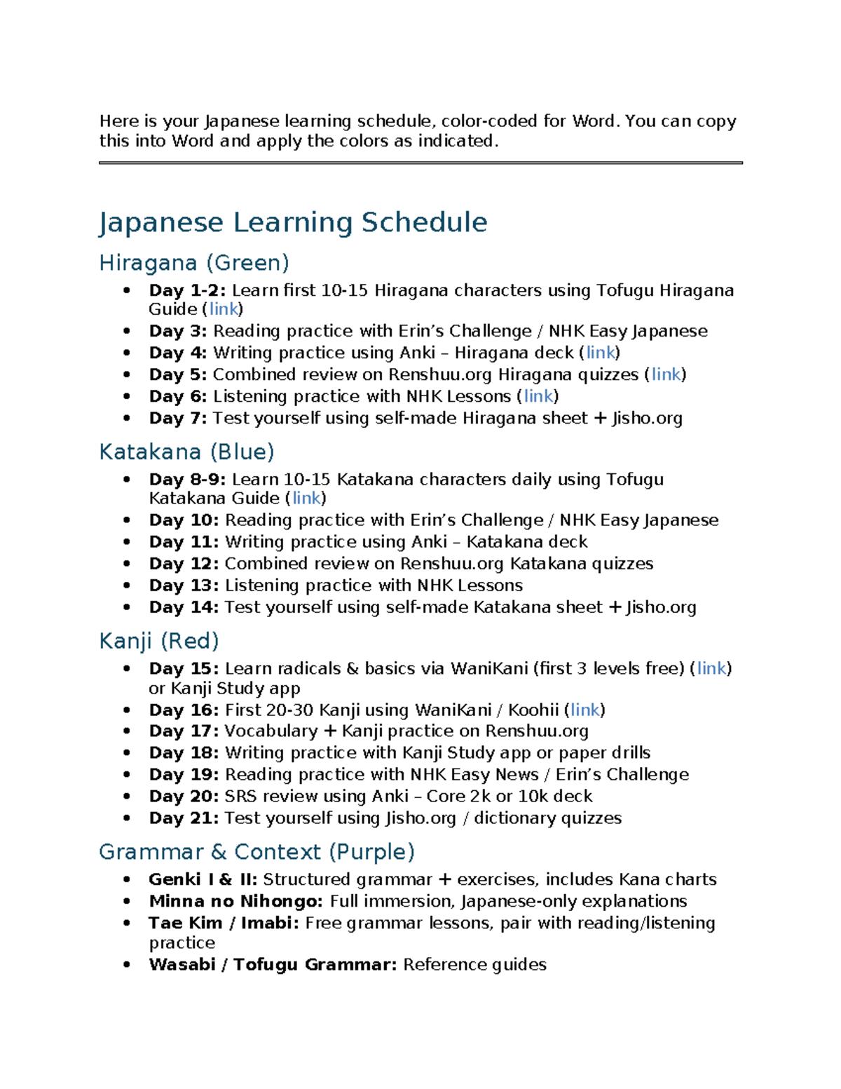 Japanese Study Schedule: Hiragana, Katakana, and Kanji Plan - Studocu