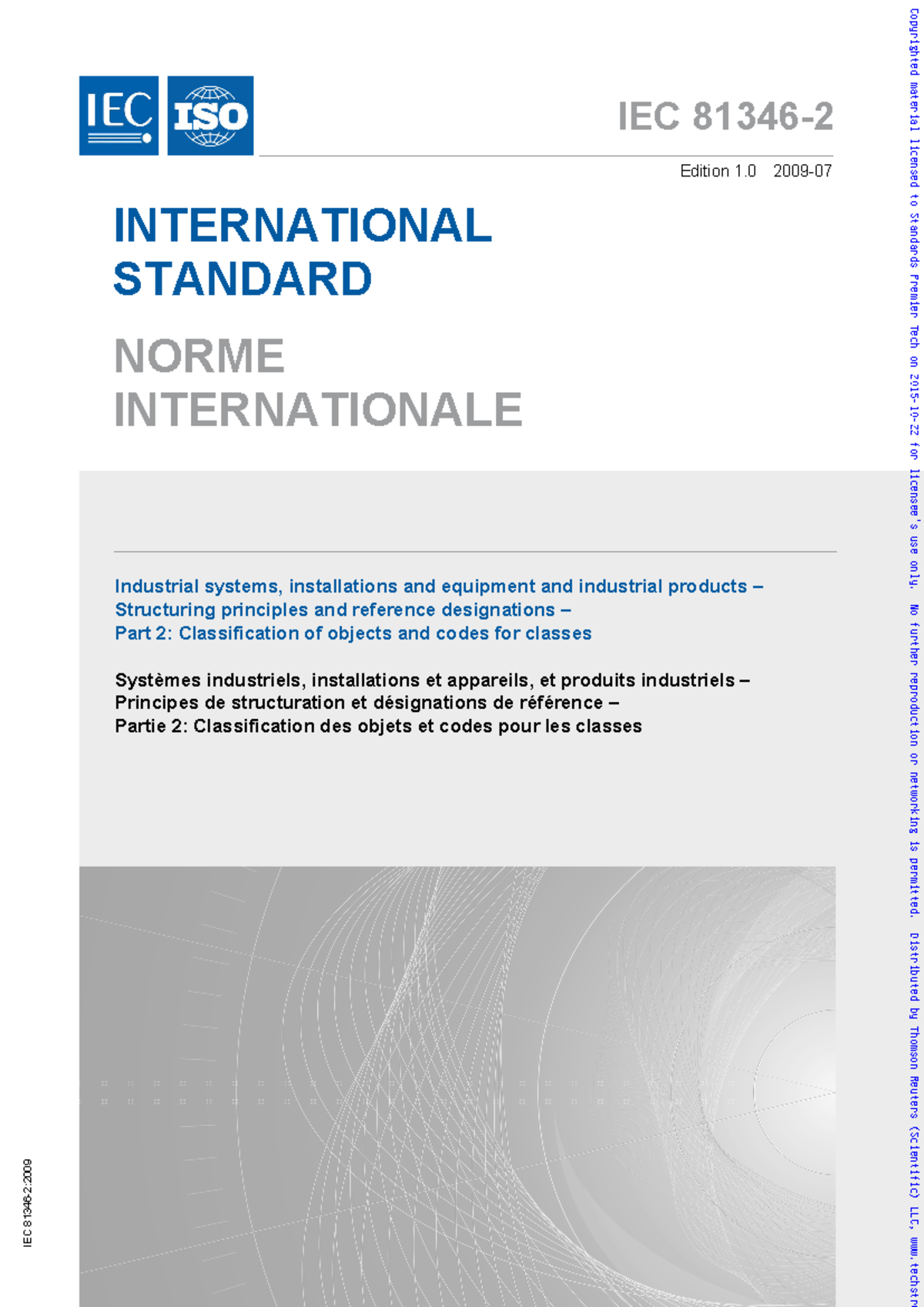 IEC 81346-2:2009 - Classification of Objects & Codes for Classes - Studocu