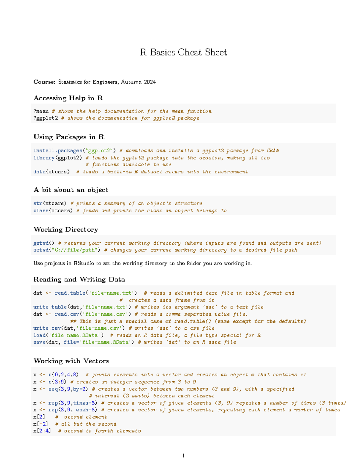 R Basics Cheat Sheet for Statistics for Engineers (Autumn 2024) - Studocu