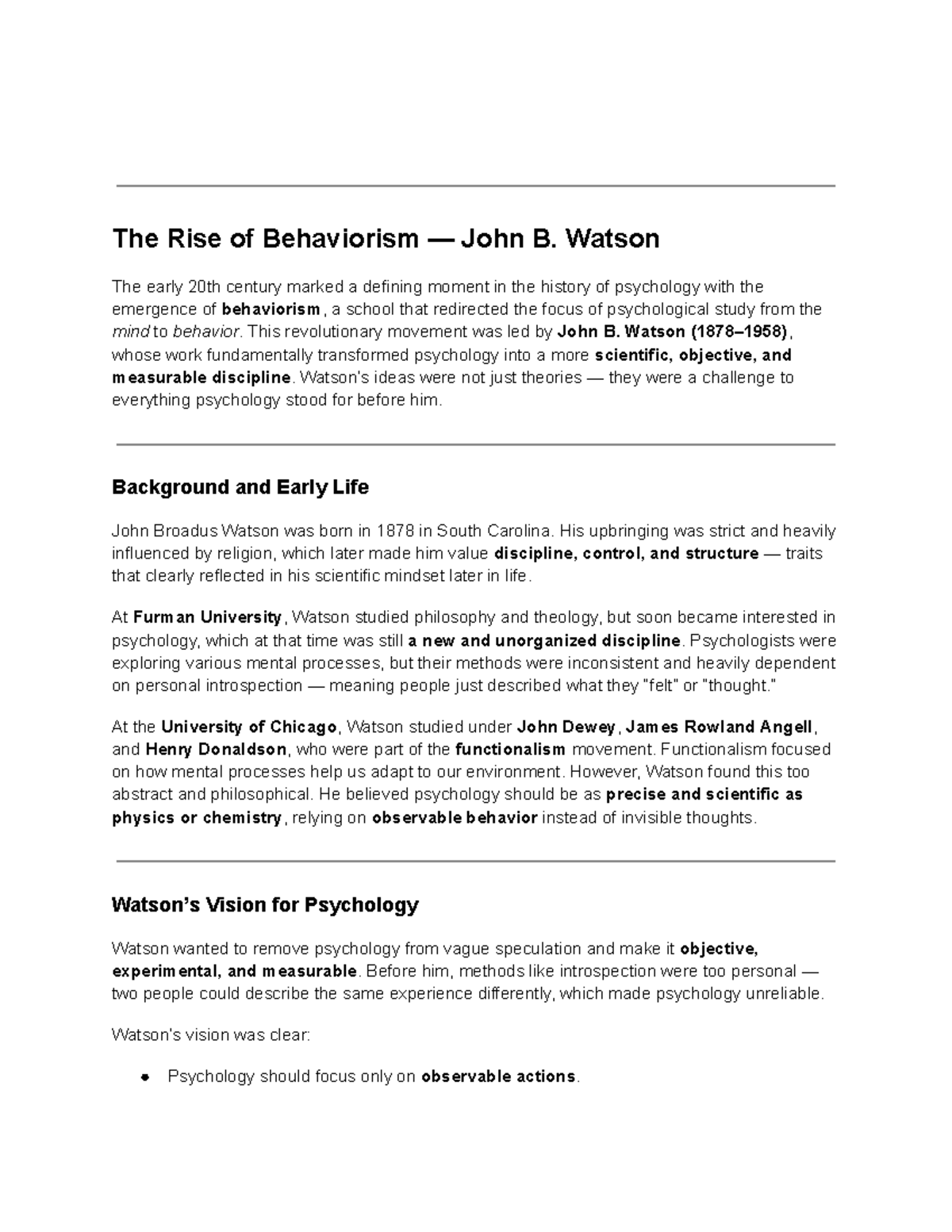 The Rise of Behaviorism: John B. Watson's Impact on Psychology - Studocu