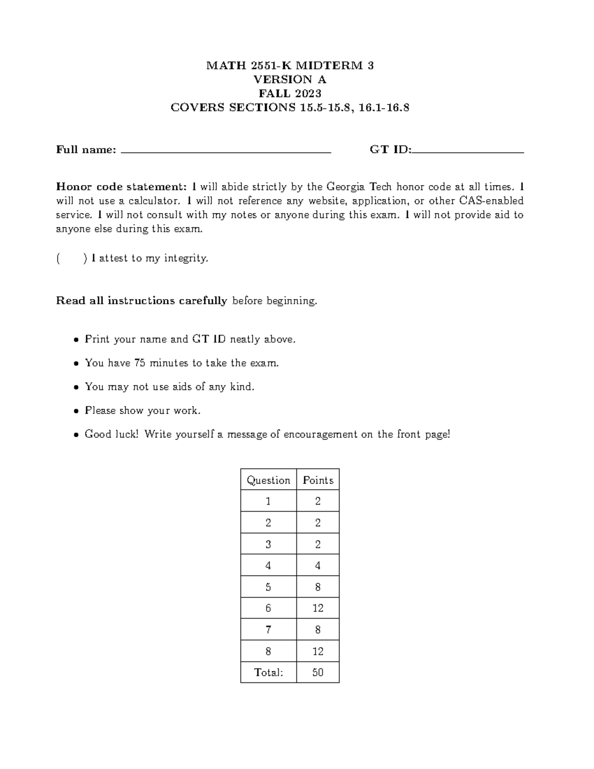 MATH 2410 Midterm 3 Version A Practice Exam - Fall 2023 - Studocu