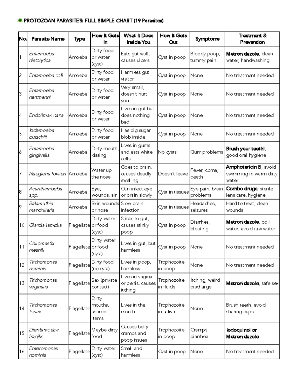 PROTOZOAN PARASITES: SIMPLE CHART (19 Types) - Study Guide - Studocu