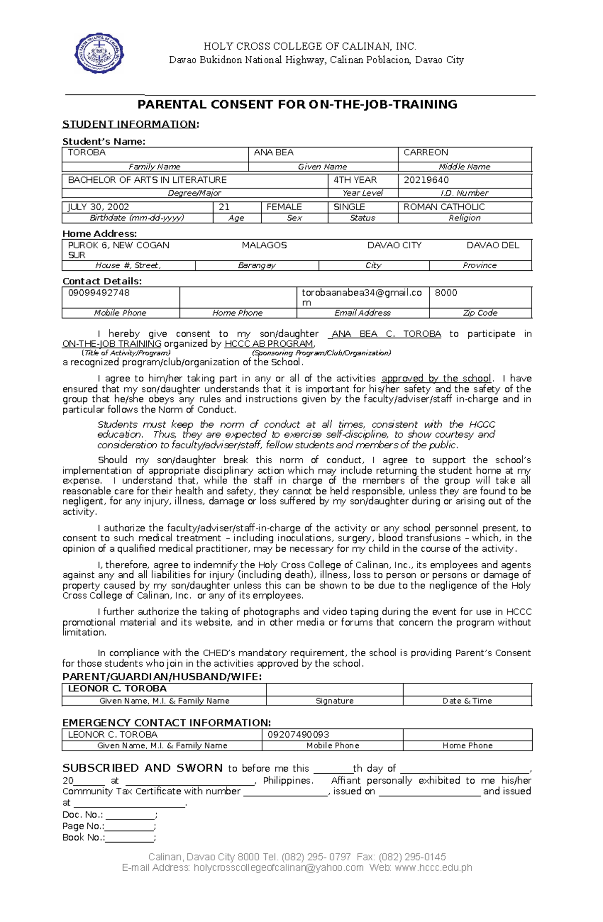 04 HCCC Parental Consent for On-the-Job Training of Ana Bea Toroba ...