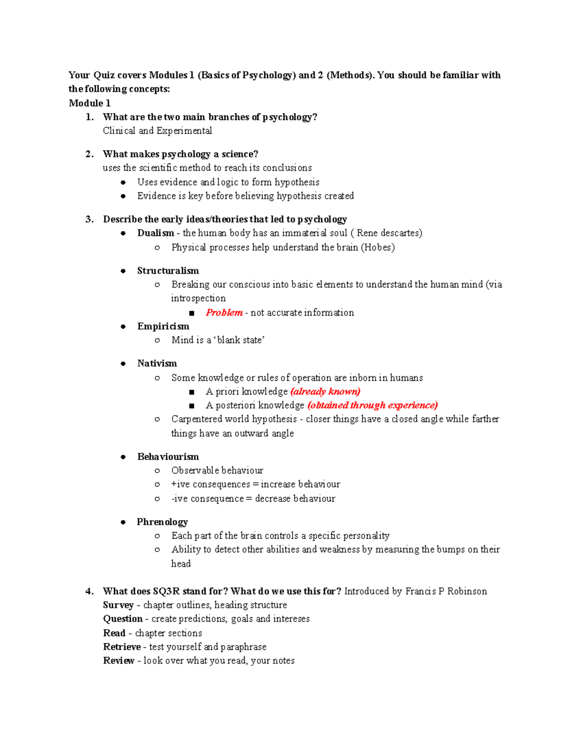 Psychology PSY 101 - Quiz 1 Review: Modules 1 & 2 Overview - Studocu