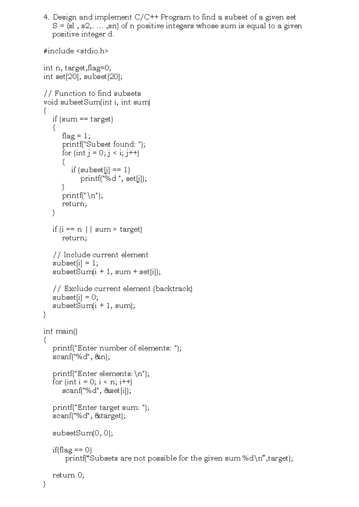 Sub Set Sum - Pdf - Design and implement C/C++ Program to find a subset ...