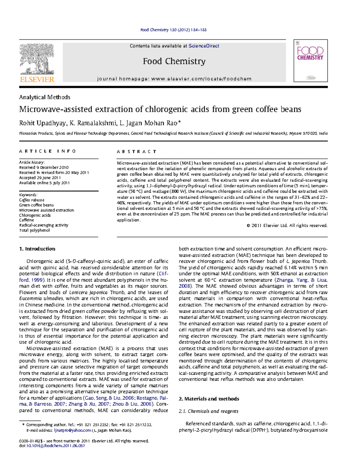 Extraction of Chlorogenic Acids from Green Coffee Beans (Food Chem 130 ...