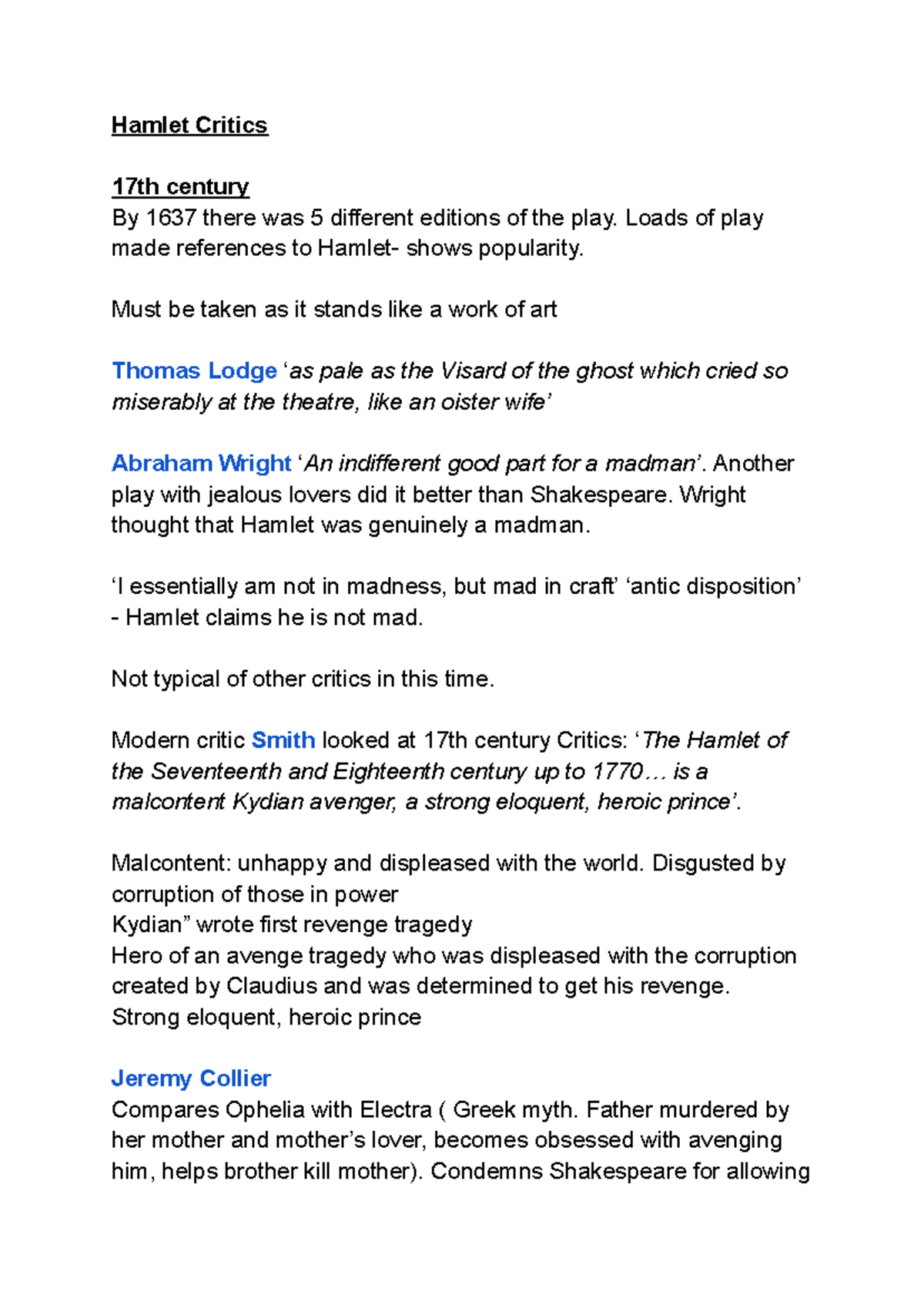 Hamlet Critics: Analyzing 17th-21st Century Perspectives - Studocu