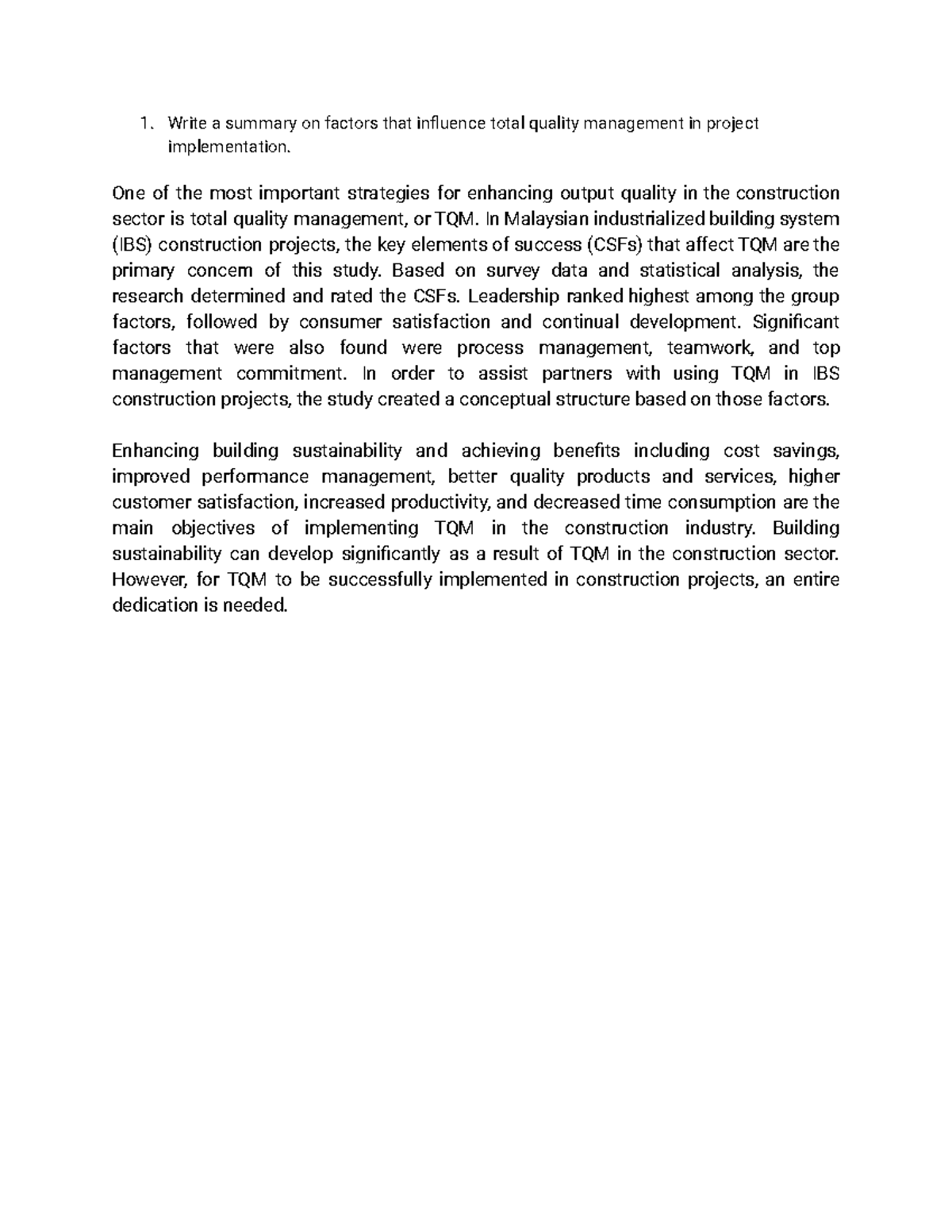 Factors Influencing Total Quality Management in TQM Projects - ADM511 ...