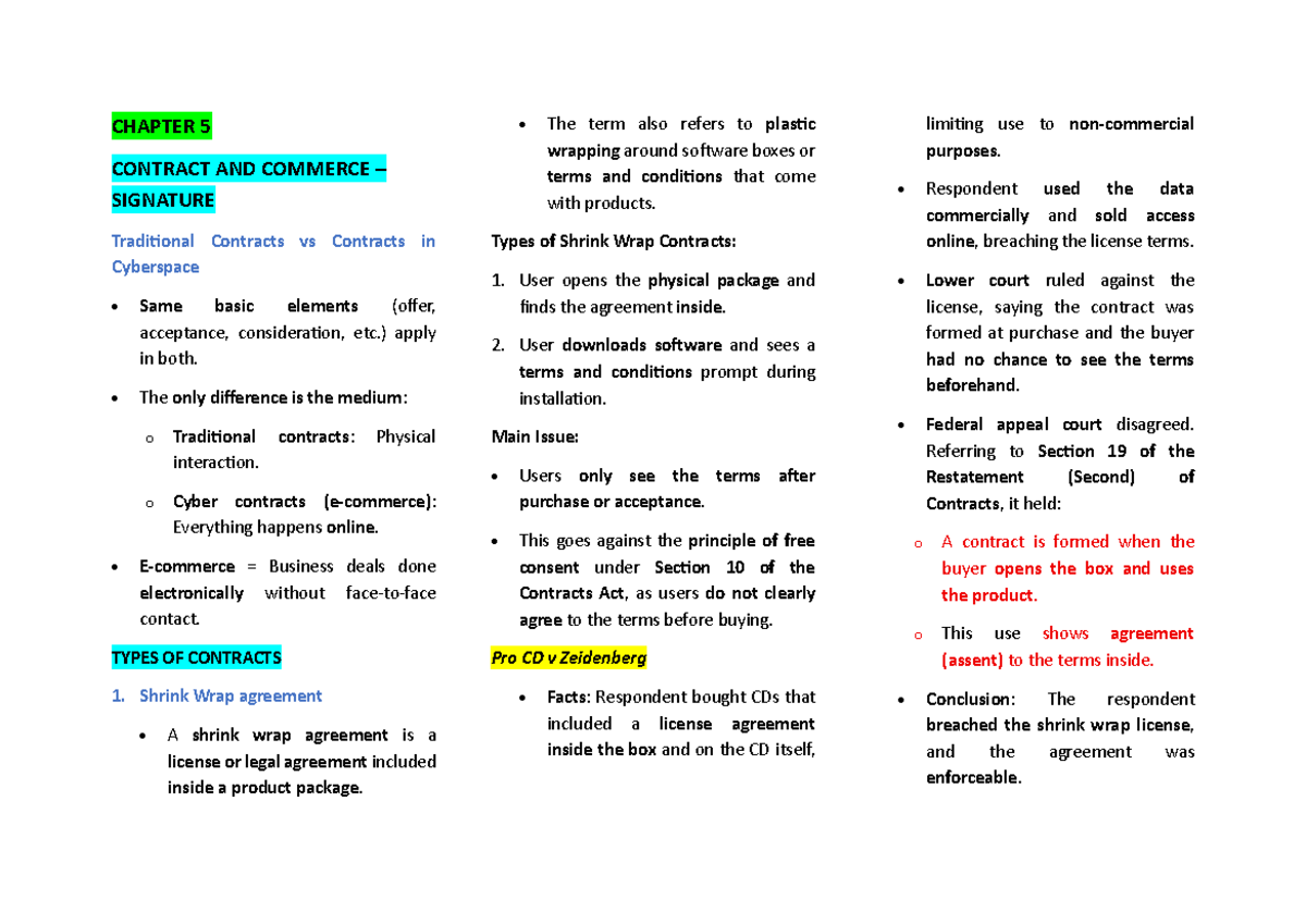 CHAPTER 5 - CONTRACT AND COMMERCE: TRADITIONAL VS CYBER CONTRACTS - Studocu