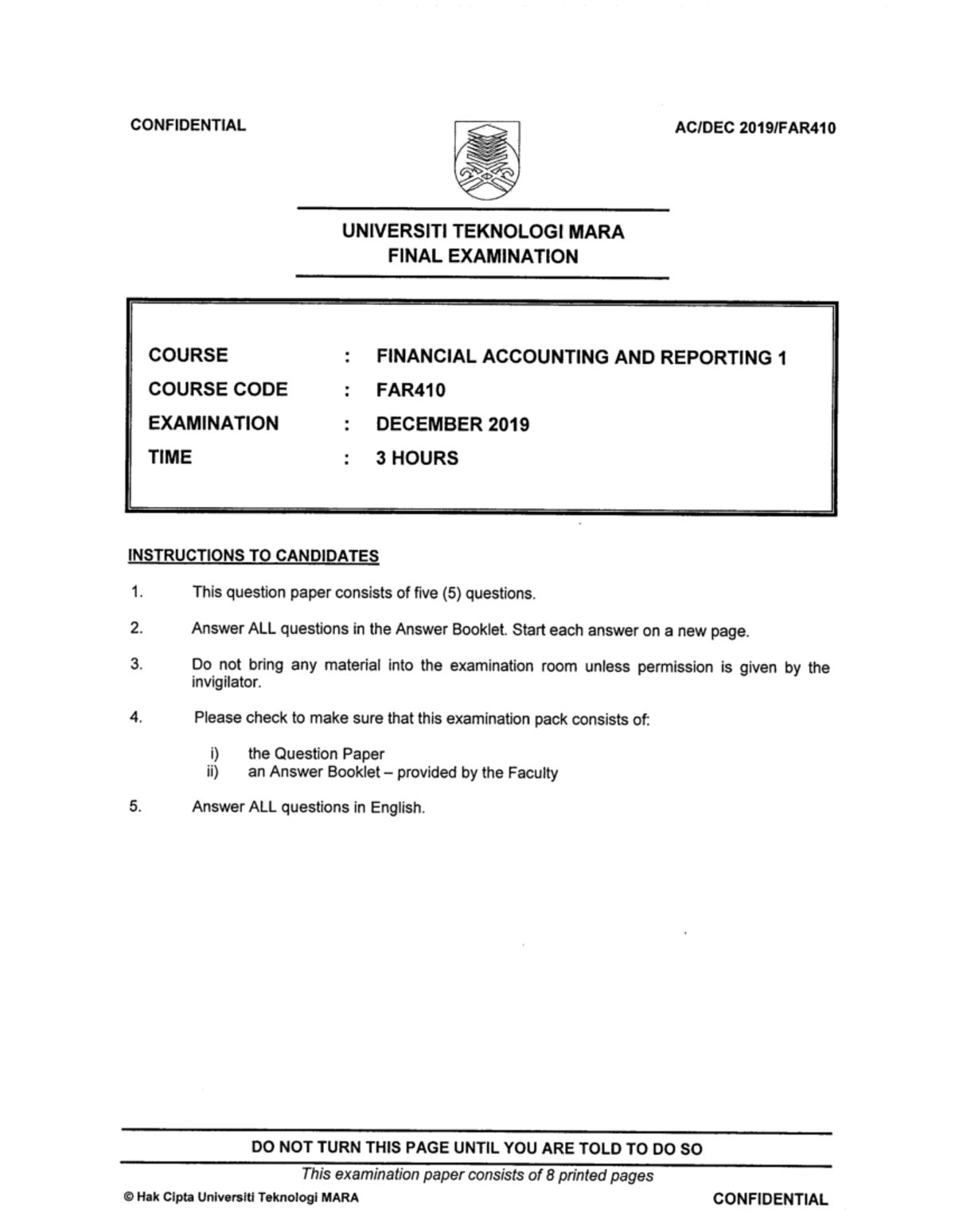 FAR410 DEC 2019 - FINAL EXAMINATION PAST YEAR QUESTION PAPERS - Studocu