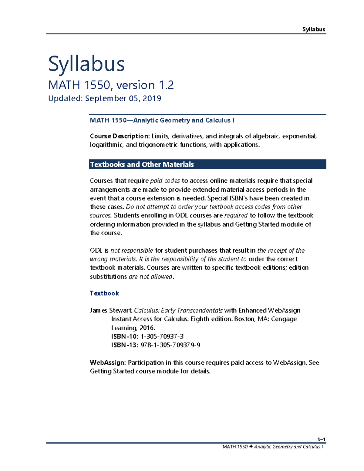 MATH 1550 - Outline for Analytic Geometry & Calculus I Course - Studocu