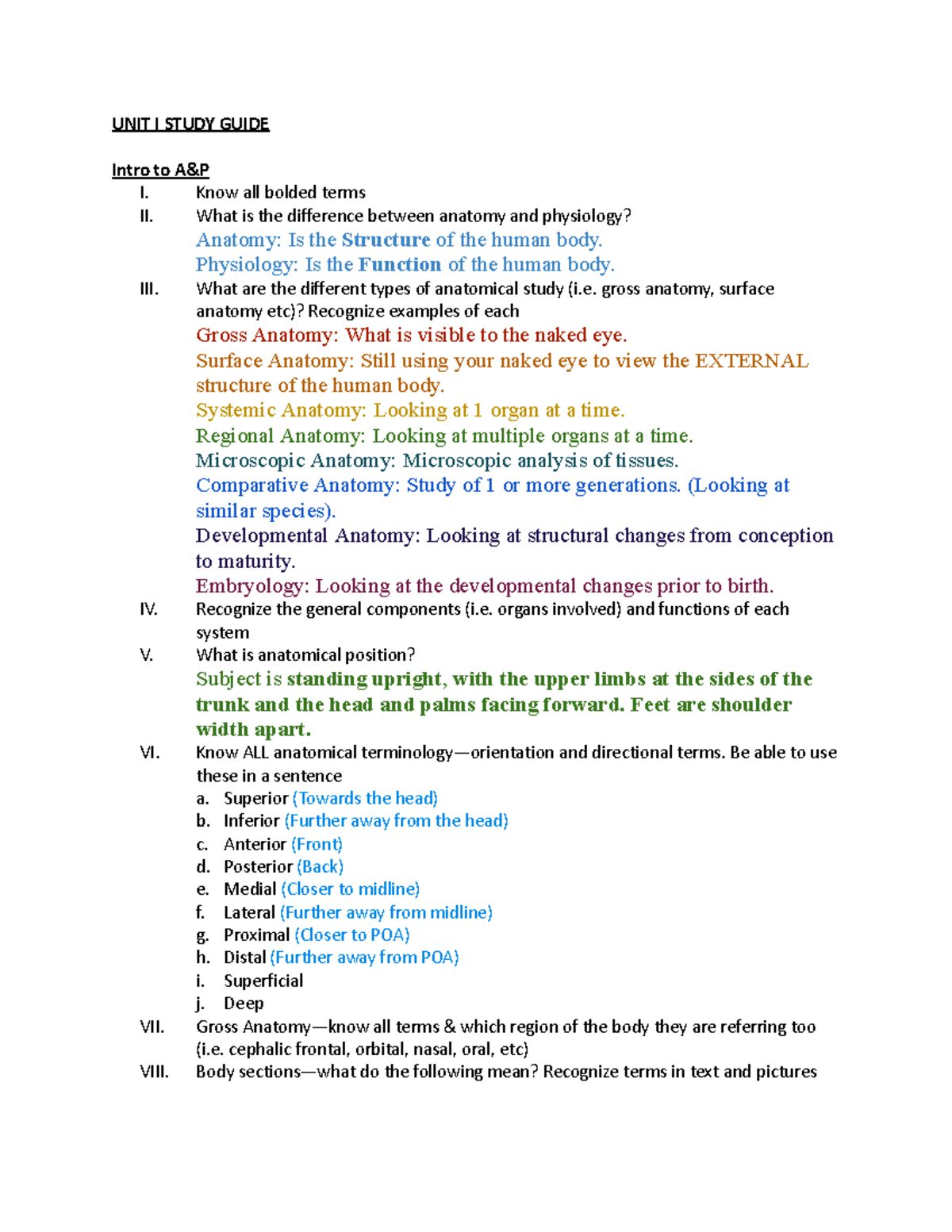 A&P Study Guide 1: Anatomy and Physiology Overview for Unit I - Studocu