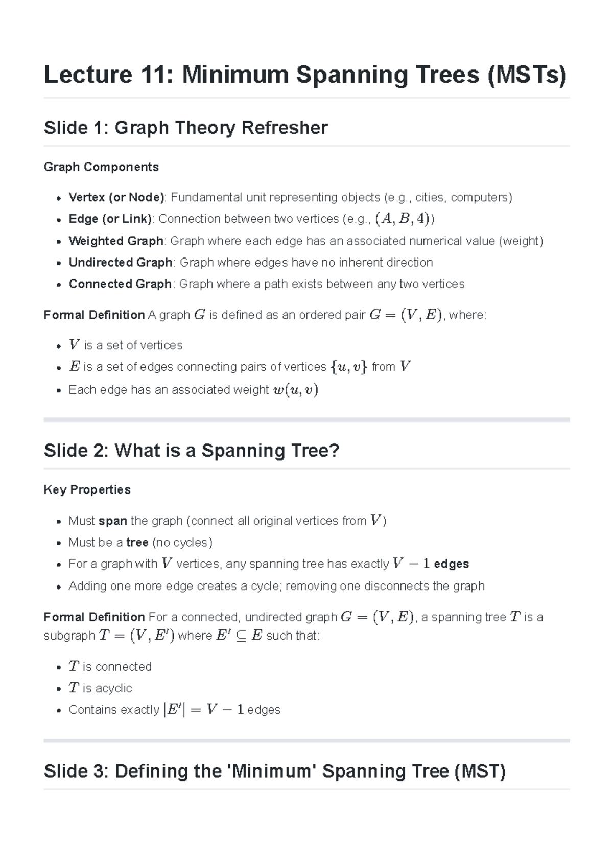 Lecture 11: Minimum Spanning Trees (MSTs) Overview and Key Concepts ...
