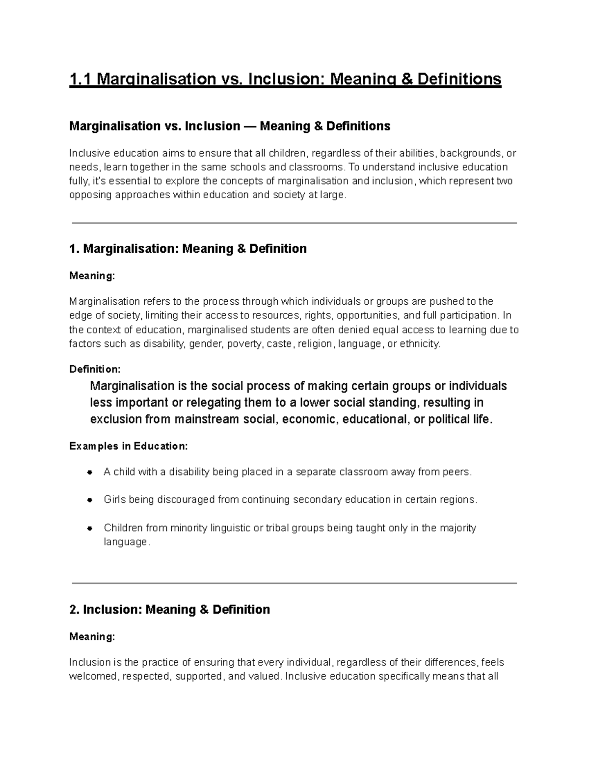 Unit 1: Marginalisation vs. Inclusion in Inclusive Education - Studocu