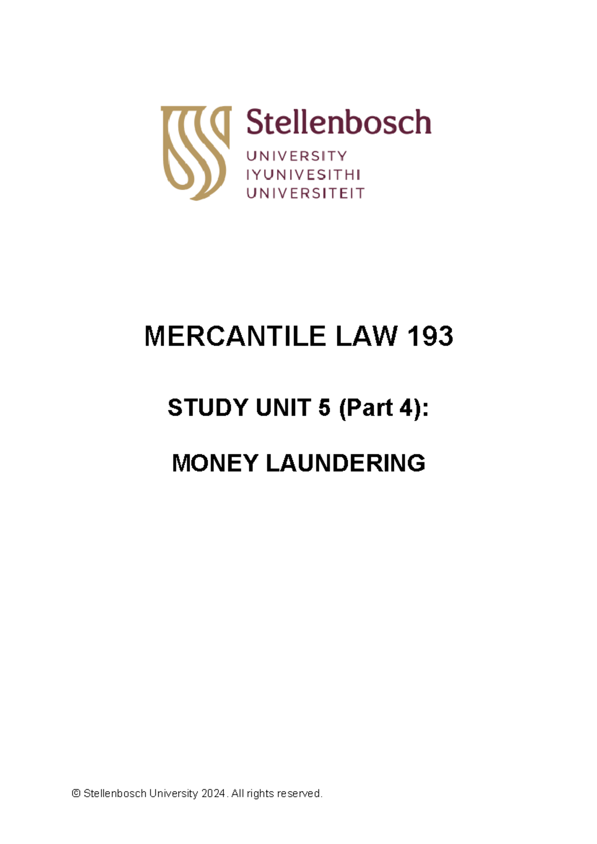 MERCANTILE LAW 193: Study Unit 5 Part 4 - Money Laundering Notes (2024 ...