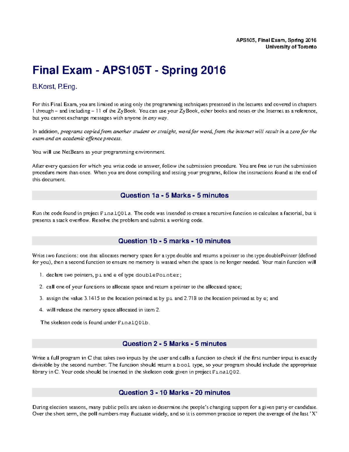 APS105, Final Exam Solutions, Spring 2016 - University of Toronto - Studocu