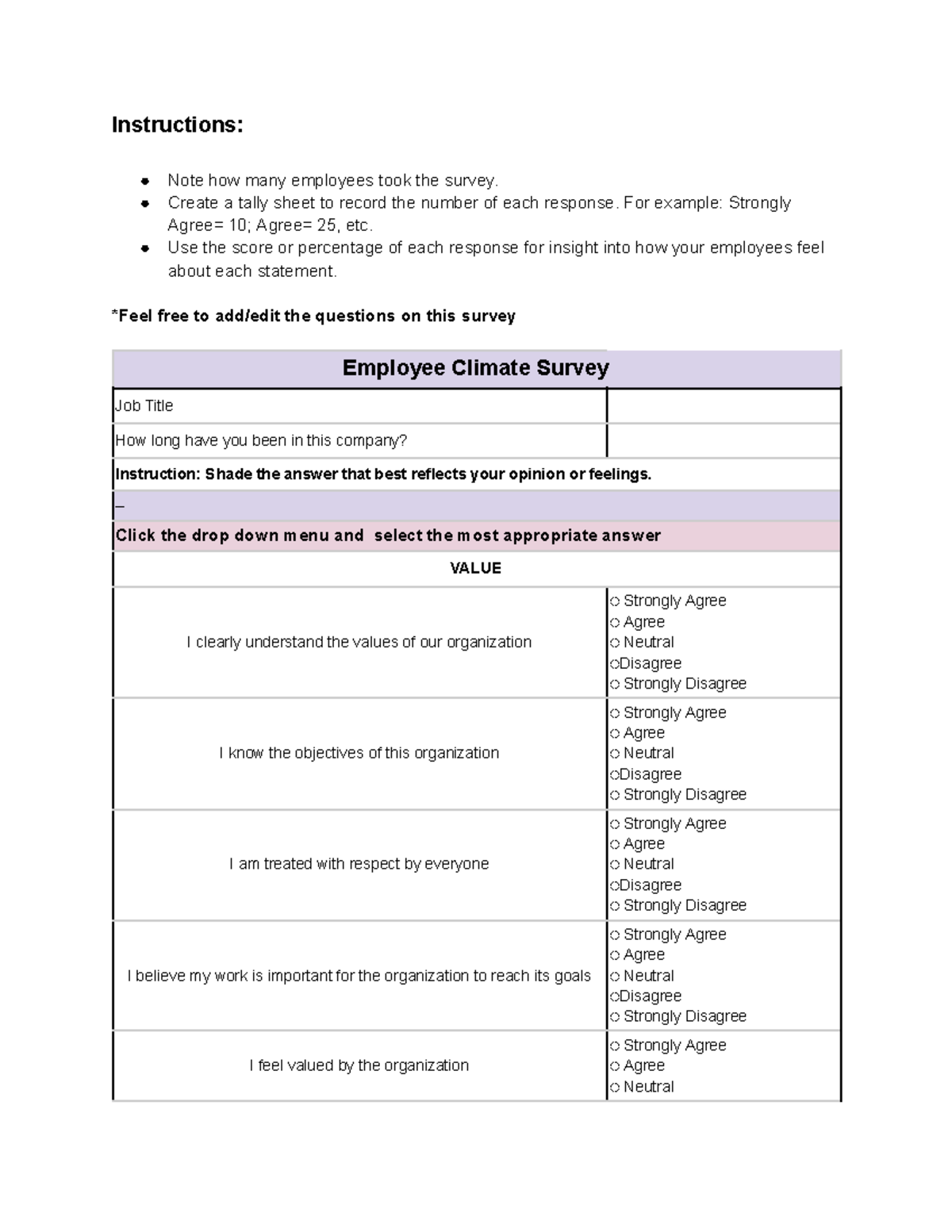 Employee climate survey instructions and response tally sheet - Studocu
