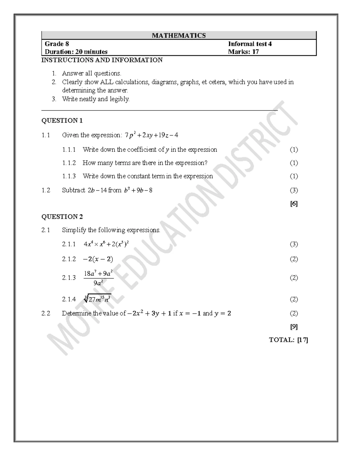 G9 GET March 2025 Mathematics Test Assessment - Studocu