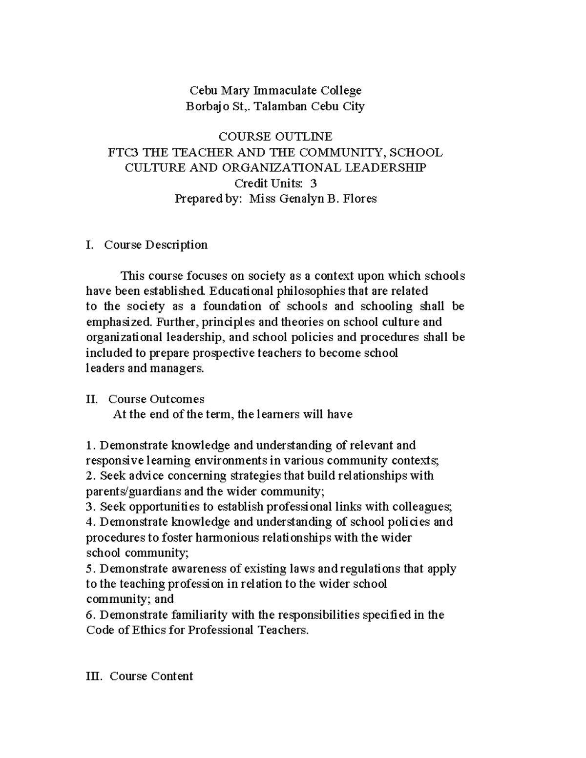 FTC3 Course Outline: The Teacher, Community, and School Leadership ...