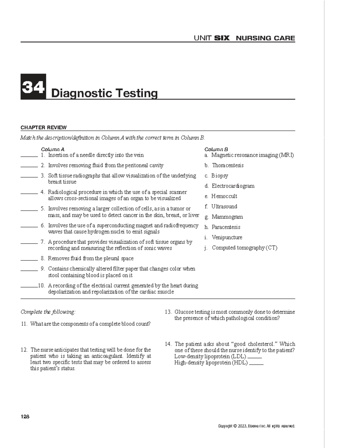 Test 3 Study Guide - Nursing Care 34 Diagnostic Testing Review - Studocu