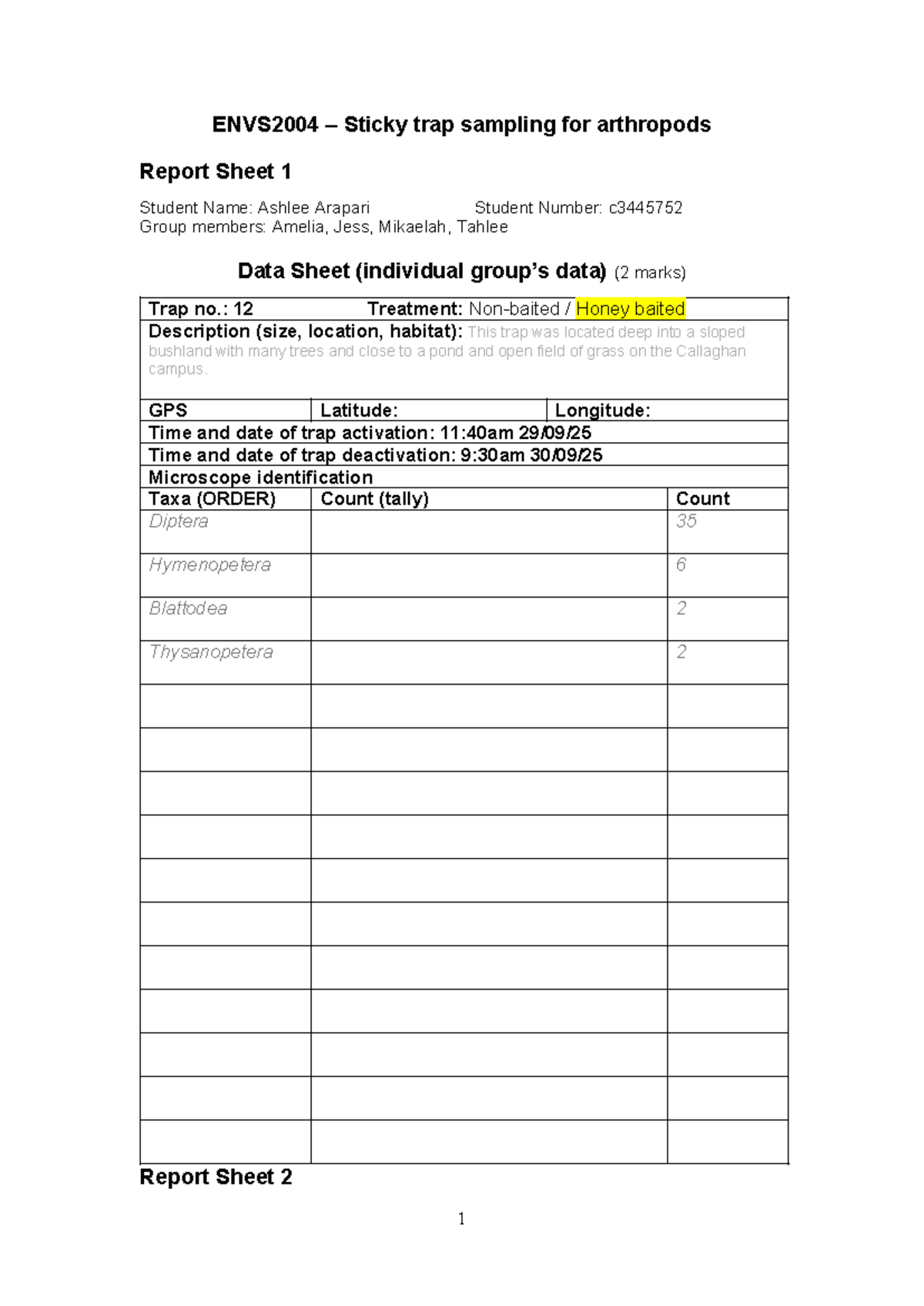 ENVS2004 Sticky Trap Sampling for Arthropods Report Sheets - Studocu