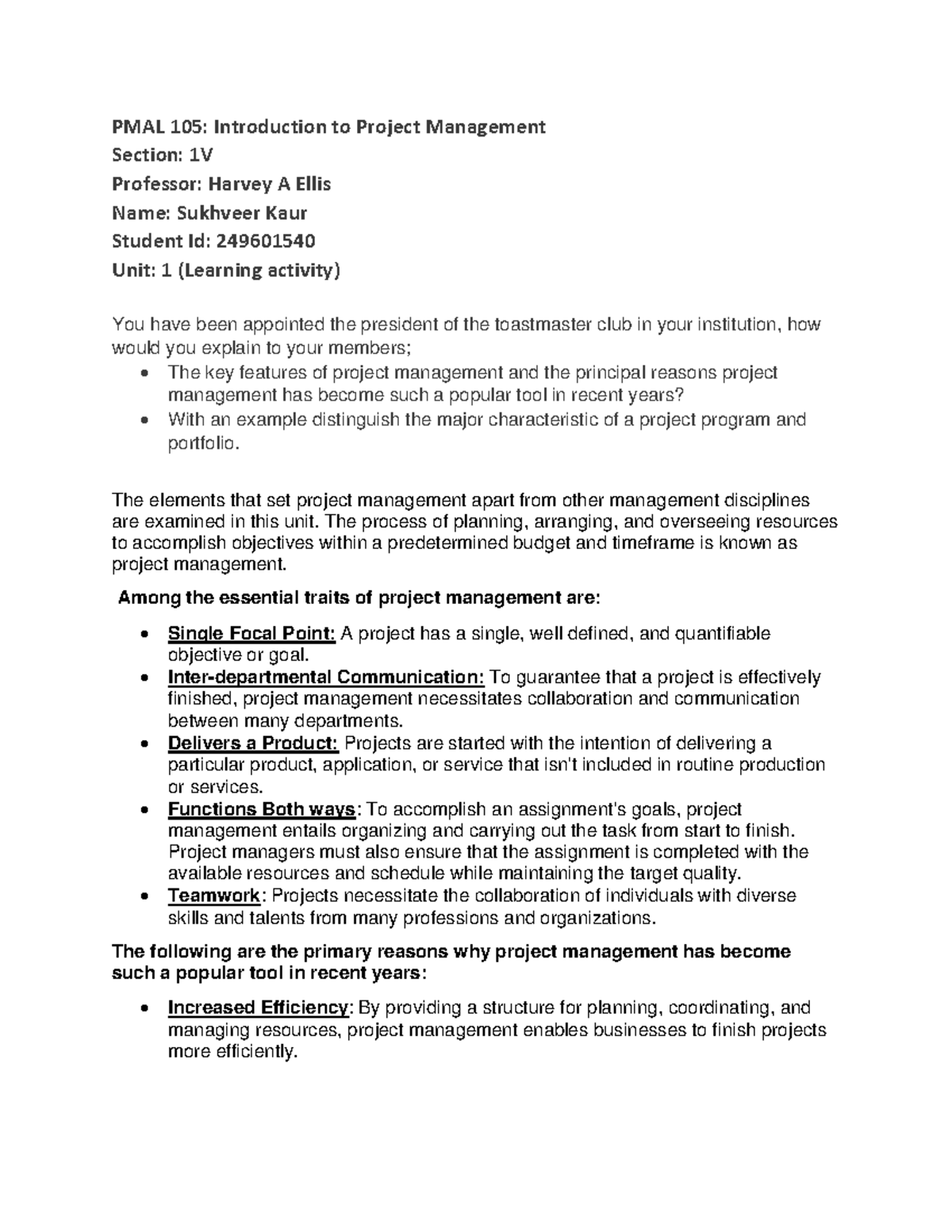 PMAL 105: Learning Activity on Project Management Principles - Studocu