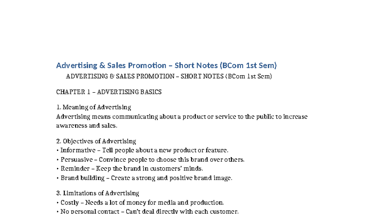 Advertising & Sales Promotion Short Notes (BCom 1st Sem) - Studocu