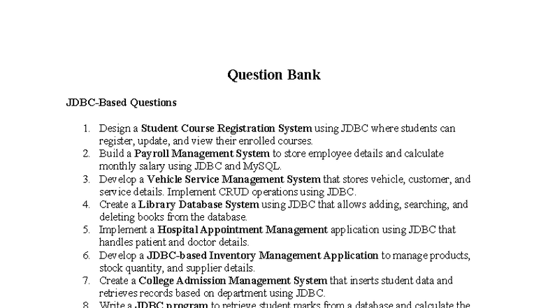 Full Stack Question Bank: JDBC & Spring Boot Projects - Studocu