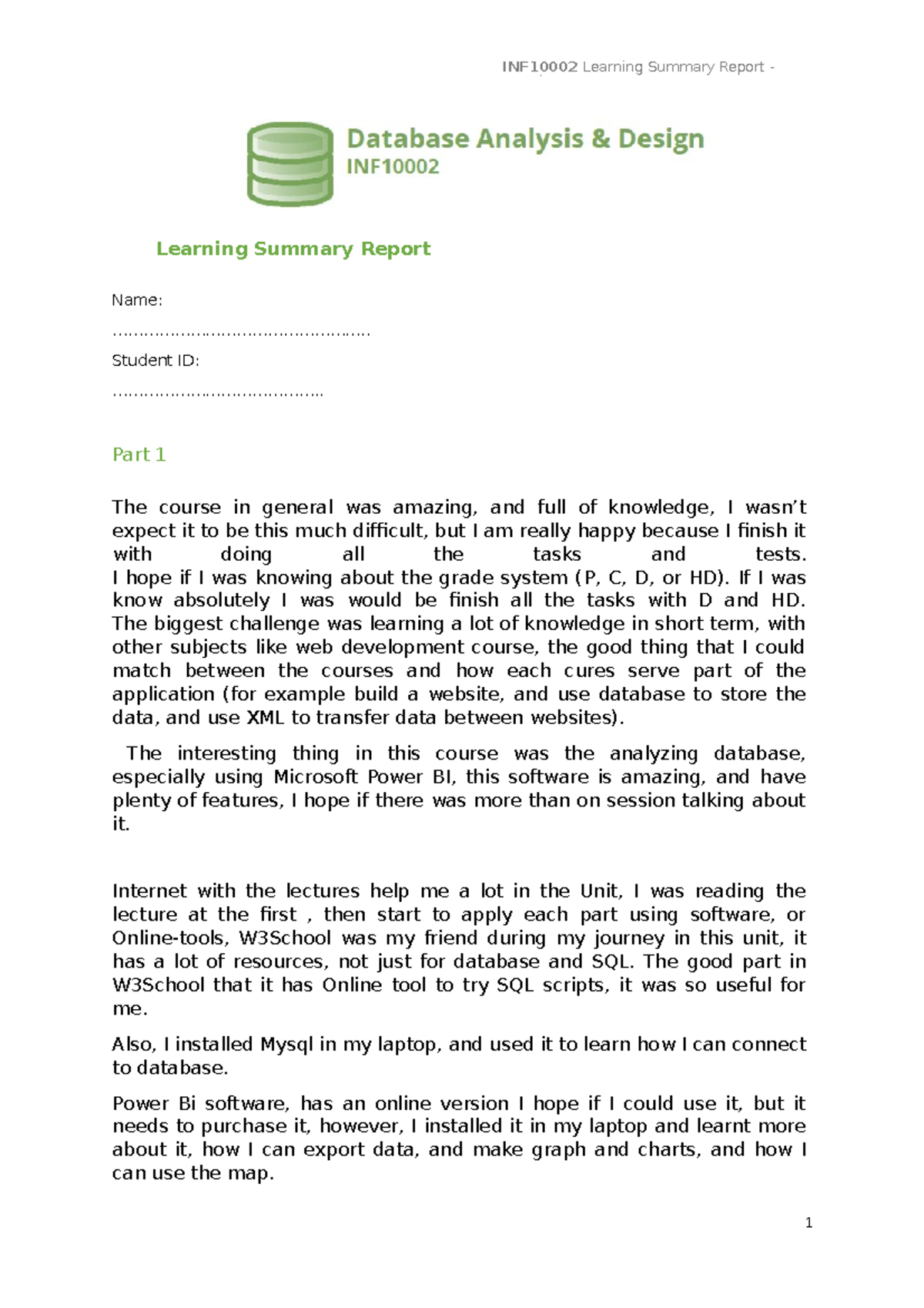 INF10002 Learning Summary Report - Reflection on Database Course - Studocu