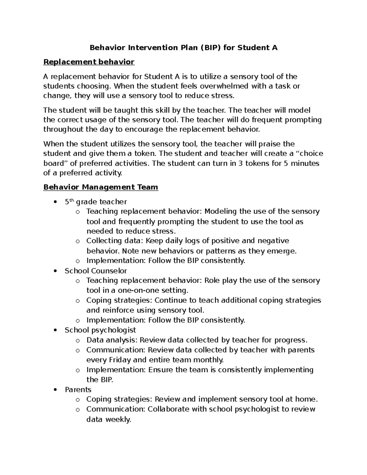 Task 1: Behavior Intervention Plan (BIP) for Student A's Sensory Tool ...