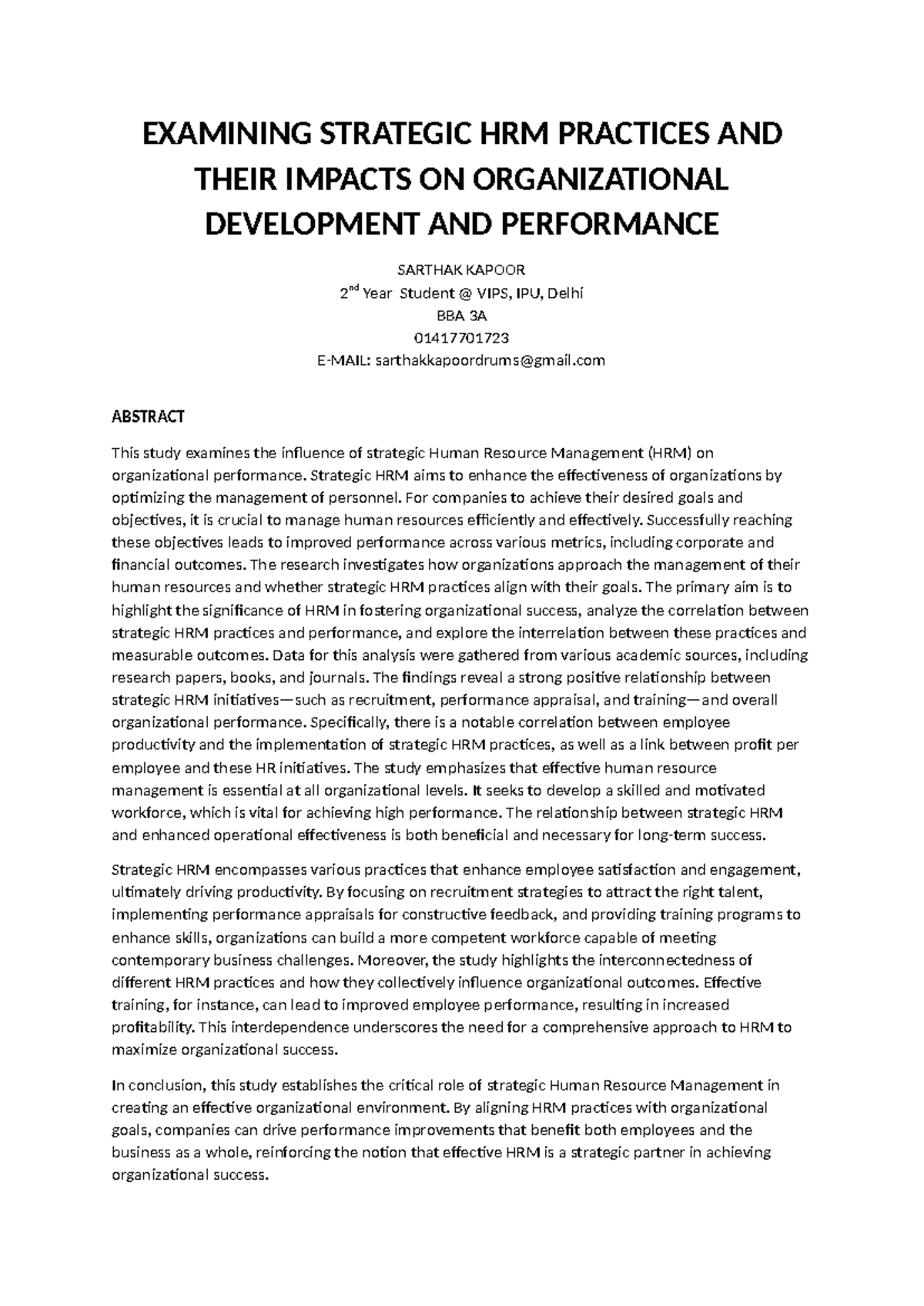 Research Paper HRM - This is a hrm project - EXAMINING STRATEGIC HRM ...
